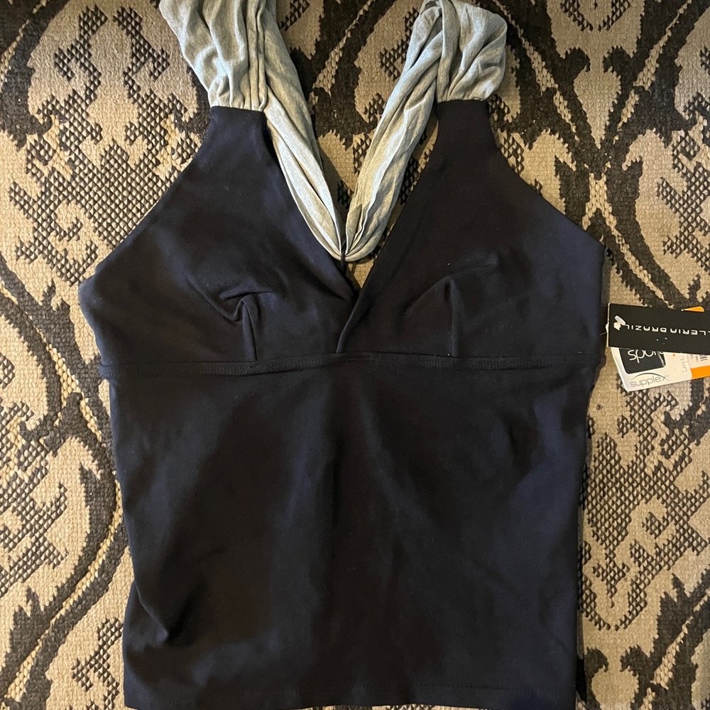 Black and Gray supplex activewear top with grey cotton straps. Fitted & fabulous